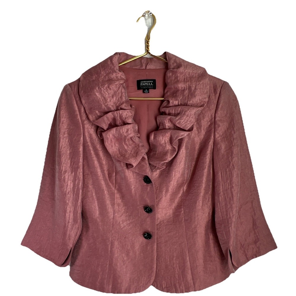 Adriana Papell Womens Evening Jacket 8 Pink Shimmer Ruffle Belted Elegant Chic